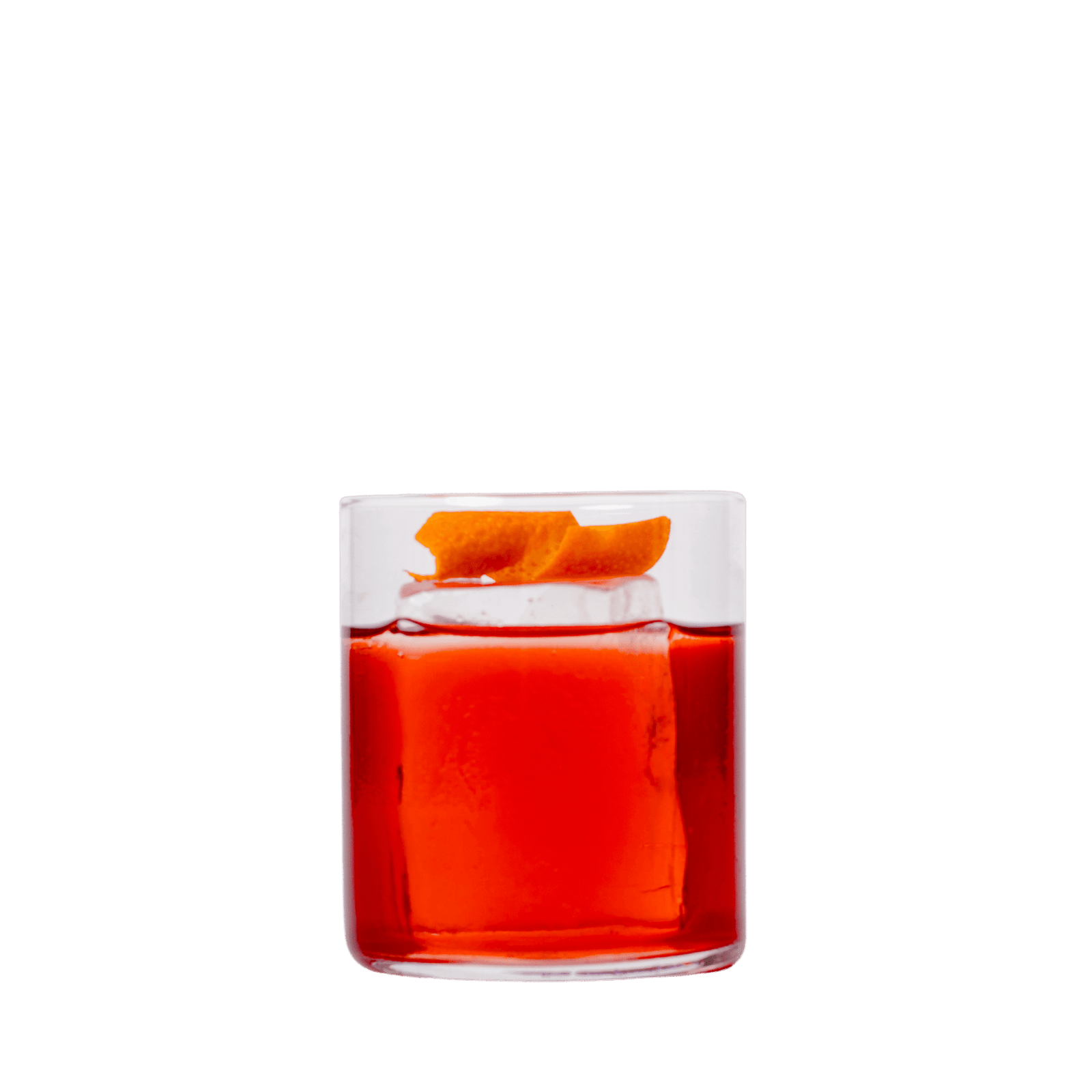 Botanical Negroni mit Herbalist Rot, Gin, Campari und Orangenzeste auf Clear Ice