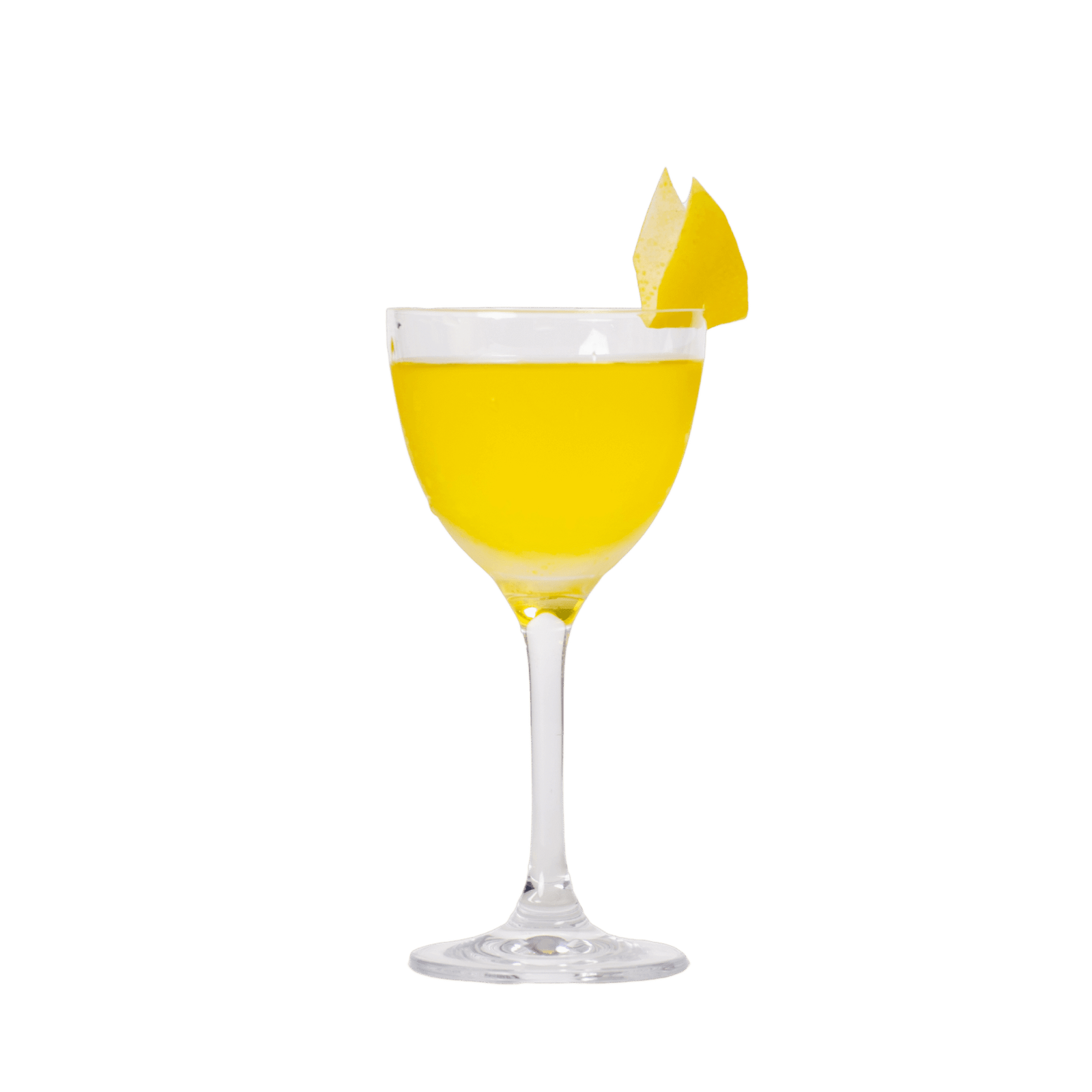 White Negroni mit Herbalist Weiß, Gin und weißem Bitter, ohne Eis, mit Zitronenzeste