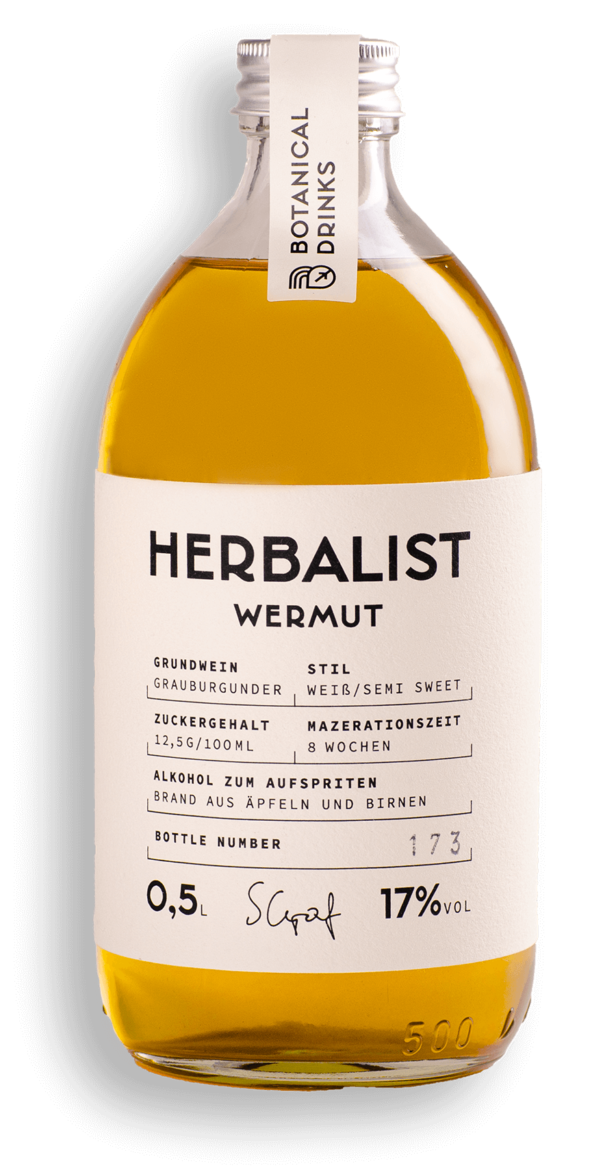 Freigestellte Flasche Herbalist Weiß – Craft Wermut aus Grauburgunder, klar, floral und ausgewogen, mit acht Wochen Mazeration und sichtbarer Batch-Nummer.