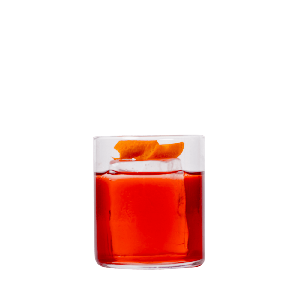 Botanical Negroni Botanical Negroni mit Herbalist Rot, Gin, Campari und Orangenzeste auf Clear Ice