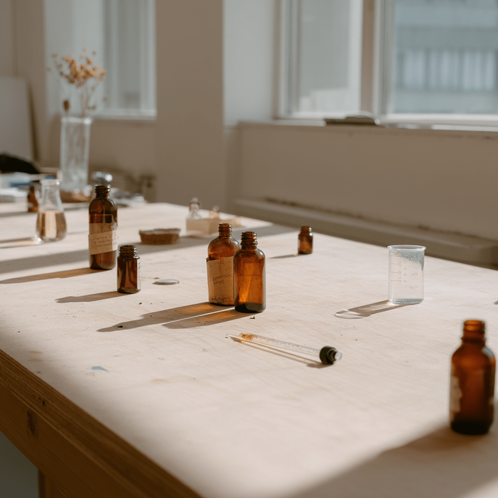 Editorial-Moodaufnahme: Arbeitsfläche mit braunen Laborflaschen, Pipette und Messzylinder im Fensterlicht. Szene zeigt den Herstellungsprozess der Mazerate bei Botanical Drinks.